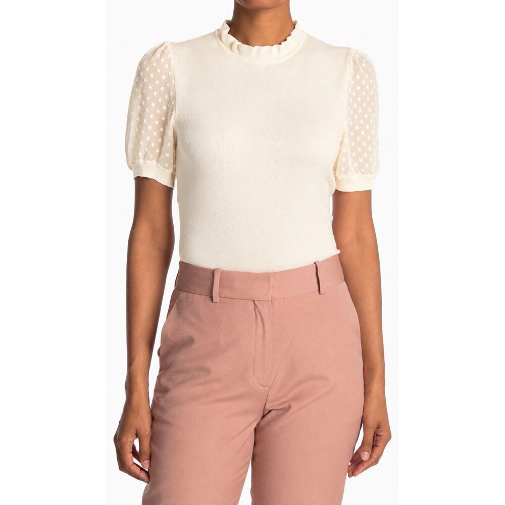 Adrianna Papell Ivory Puff Sleeve Sweater Top Womens M Sheer Swiss Dot Blouse